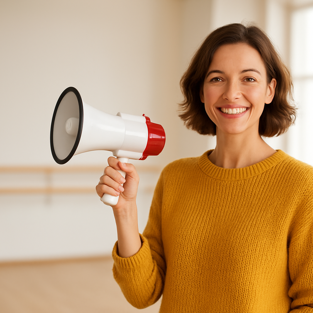 Studio owner with a megaphone promoting Enrollio to other studio owners