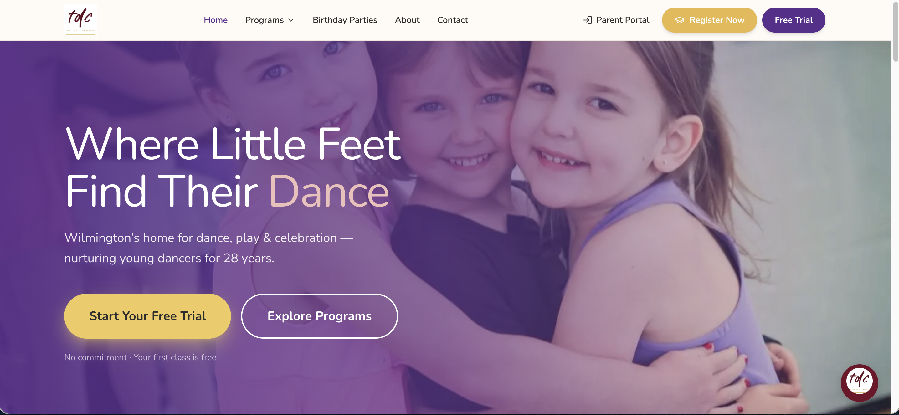 The Dance Company studio website homepage built by Enrollio