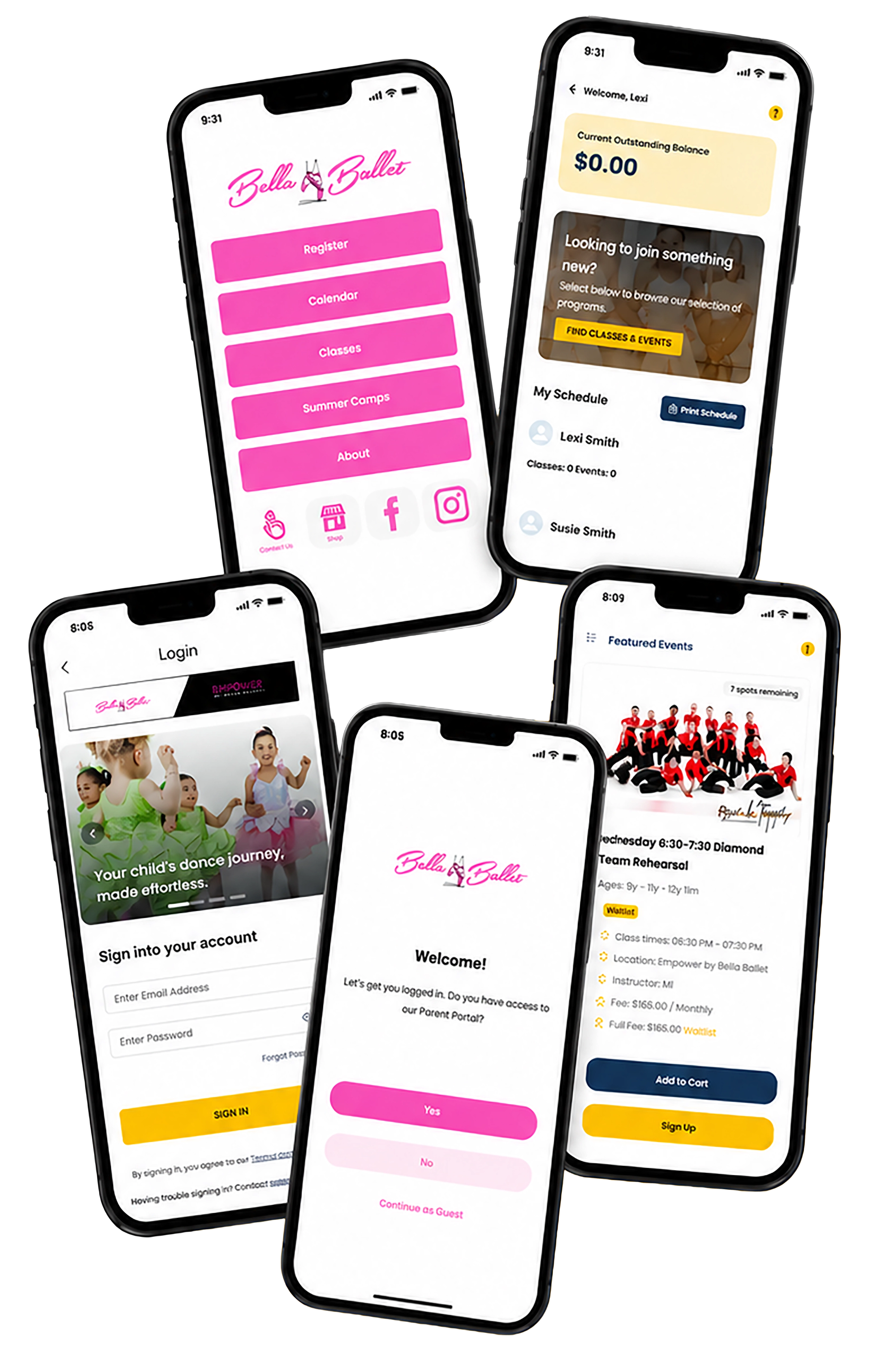 Five screens of the Bella Ballet branded studio app, including the home menu, parent dashboard with account balance, login, and featured events