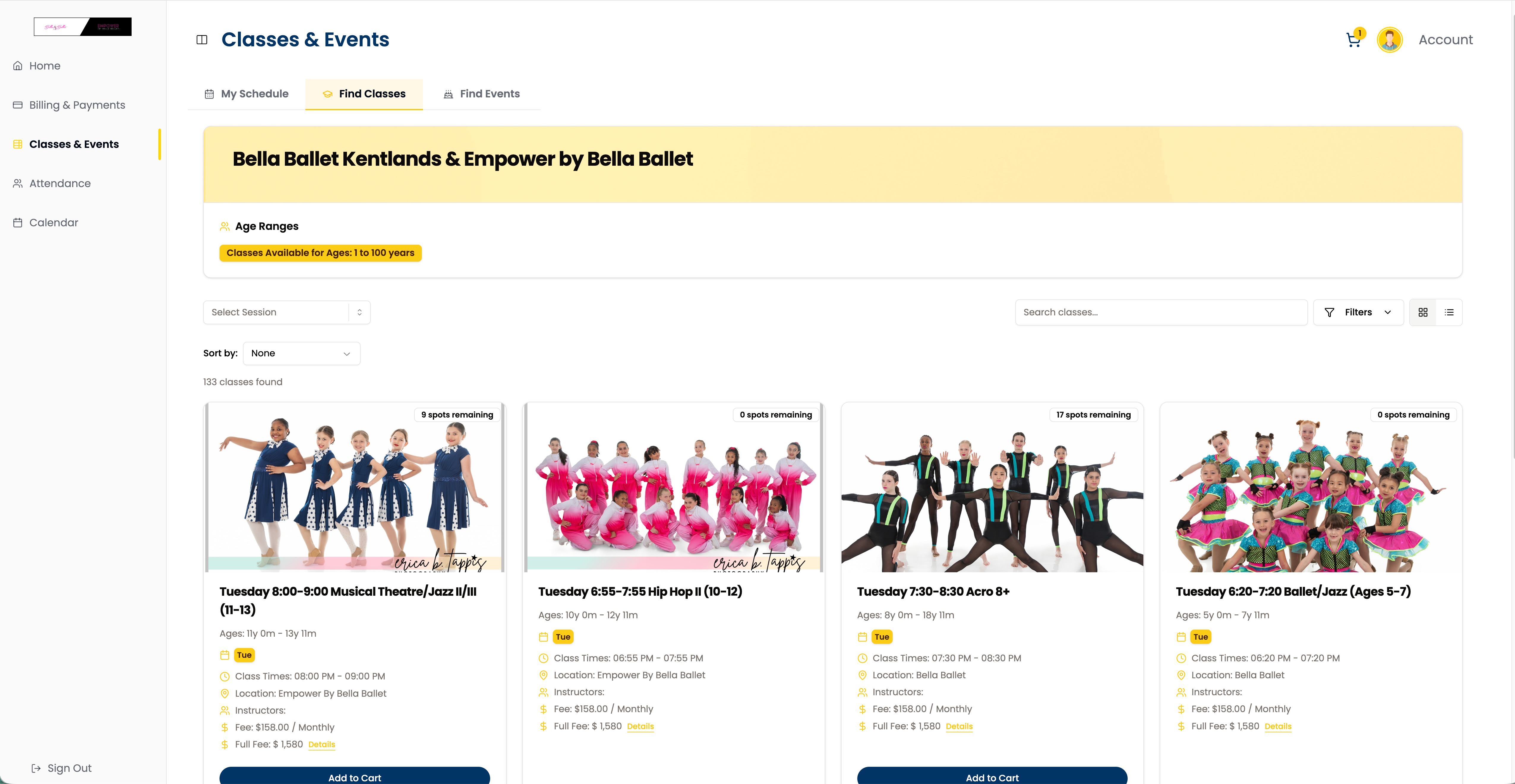 Enrollio Classes & Events screen showing dance classes with spots remaining, ages, times, fees, and add-to-cart — registration built into the same system as leads and payments