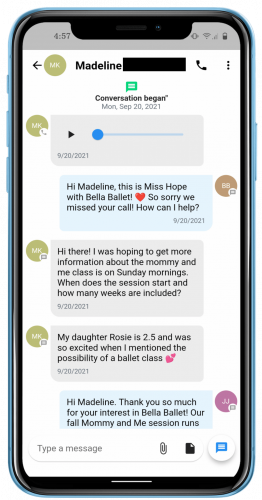Missed-call automatic text-back feature in Enrollio