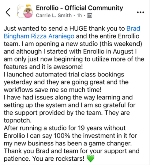 Community post from Carrie L. Smith thanking the Enrollio team and calling the investment a game changer for her new studio