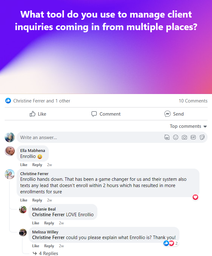 Community thread where Christine Ferrer calls Enrollio a game changer that auto-texts any lead who doesn't enroll within two hours, with others chiming in that they love it
