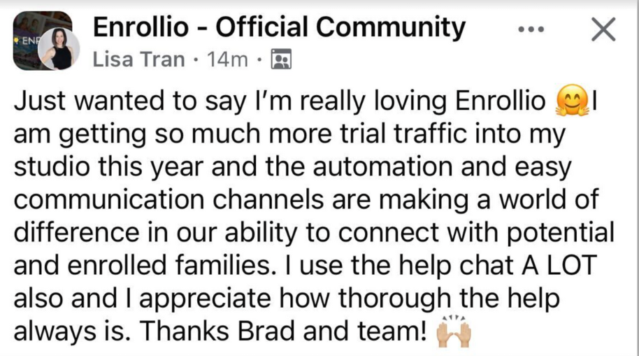 Community post from Lisa Tran saying she is getting much more trial traffic this year and the automation and communication channels make a world of difference