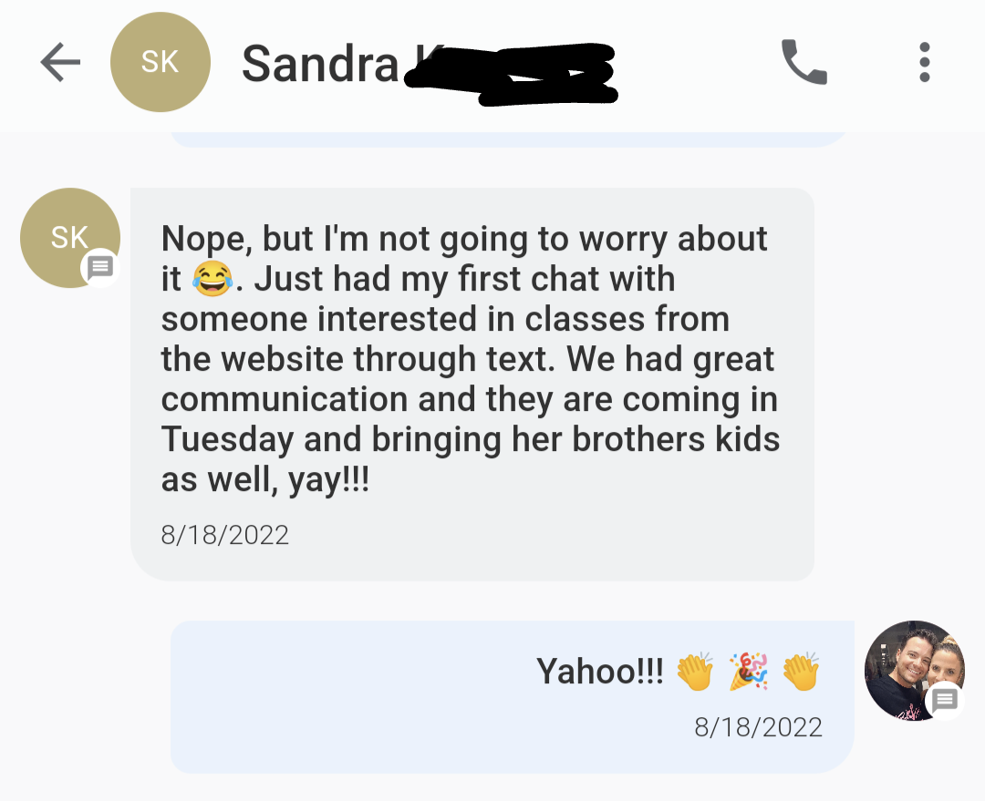 Customer text about getting their first web lead through text from the website